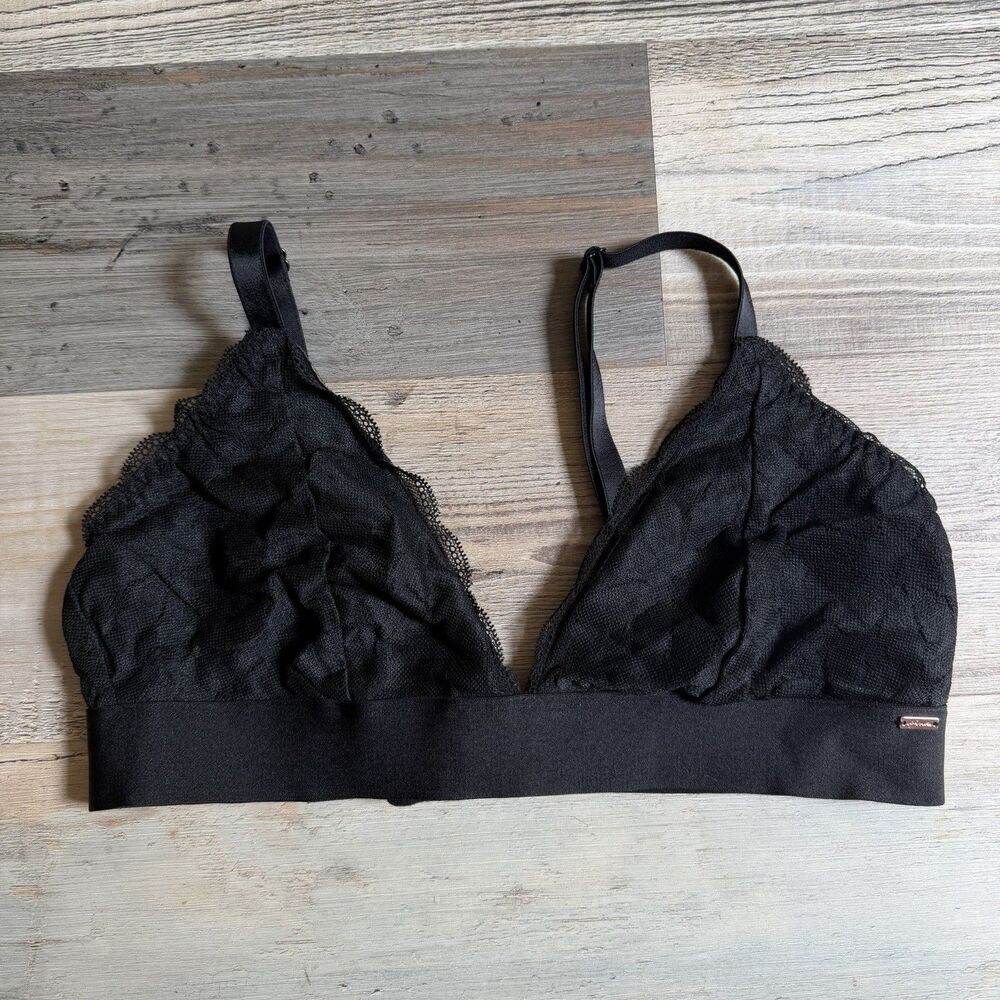PINK Victoria’s Secret Black Lace Bralette Wireless Triangle Bra Women’s L